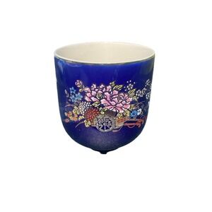 Vintage Kutani Porcelain Sake Tea Cup Cobalt Blue Gold Rim‎ Flower Cart